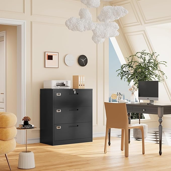 Lateral File Cabinet with Lock, 3 Drawer Metal Filing Cabinet, Lateral Filing Cabinet with Lock for Home Office, Locking Metal Steel Wide File Cabinet for Legal/Letter A4 Size
