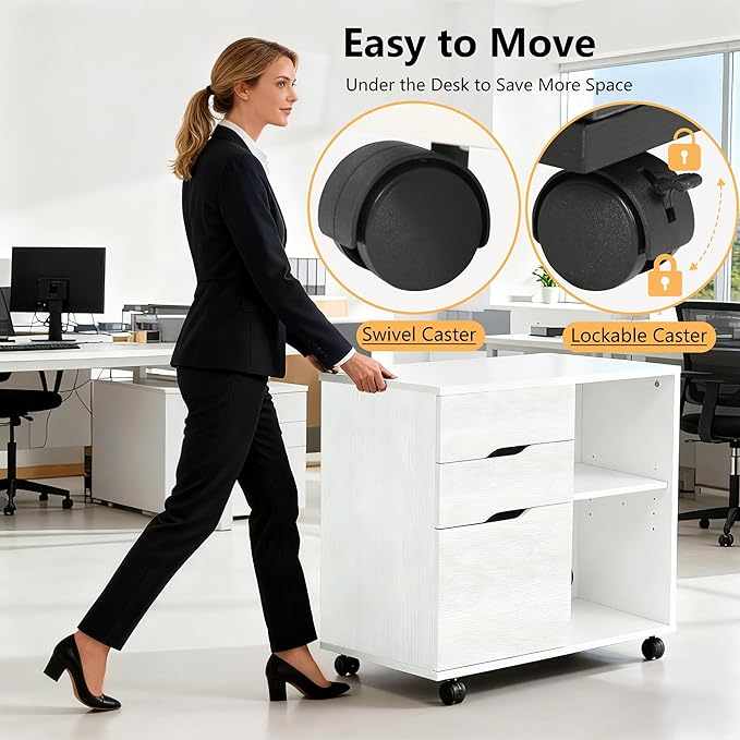 PayLessHere Lateral File Cabinet with 3 Drawers | Rolling Filing Cabinets Under Desk Storage with Wheels | Printer Stand Wood Organizer with Adjustable Shelf for Home Office Small Space, White
