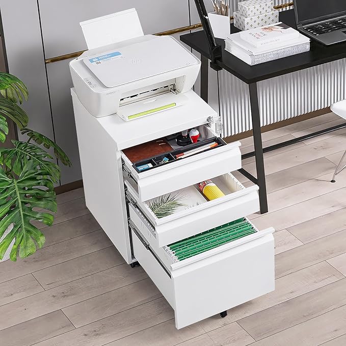 SoarFlash 3 Drawer File Cabinet with Lock Rolling Metal Filing Cabinet for Home Office, Under Desk Mobile File Cabinet with Wheels, White