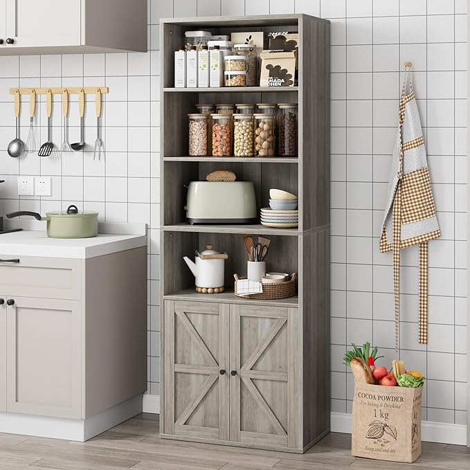 IDEALHOUSE Bookcase with Doors Industrial Bookshelf 11.8in Depth Display Storage Shelves 71.4in Tall Farmhouse Bookcases Wooden 6 Shelf Bookshelvels for Bedroom, Living Room, Home Office, Grey