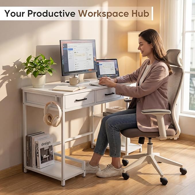 Shahoo Home Office Computer Desk with Drawers & Storage Shelves, 47.2" Modern Writing Table, White