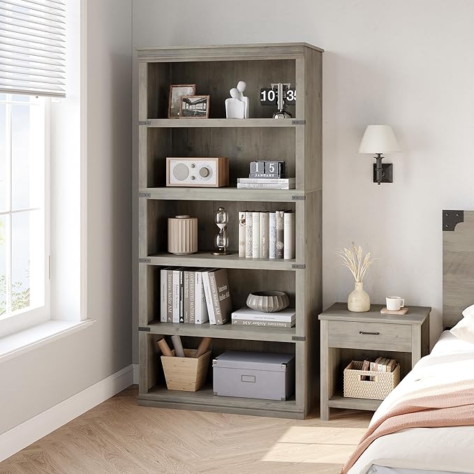 Farmhouse Book Shelf, 5 Tier Book Shelf for Display, 67.4" Wooden Bookcase for Storage, 5 Shelf Display Shelvesfor Home Office, Living Room, Bed Room-Grey