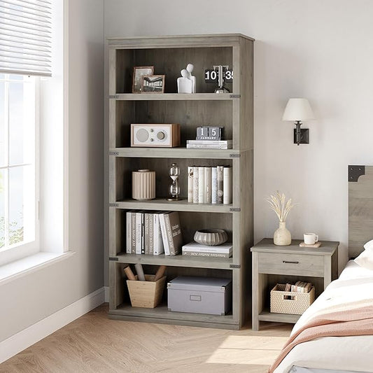 Farmhouse Book Shelf, 5 Tier Book Shelf for Display, 67.4" Wooden Bookcase for Storage, 5 Shelf Display Shelvesfor Home Office, Living Room, Bed Room-Grey