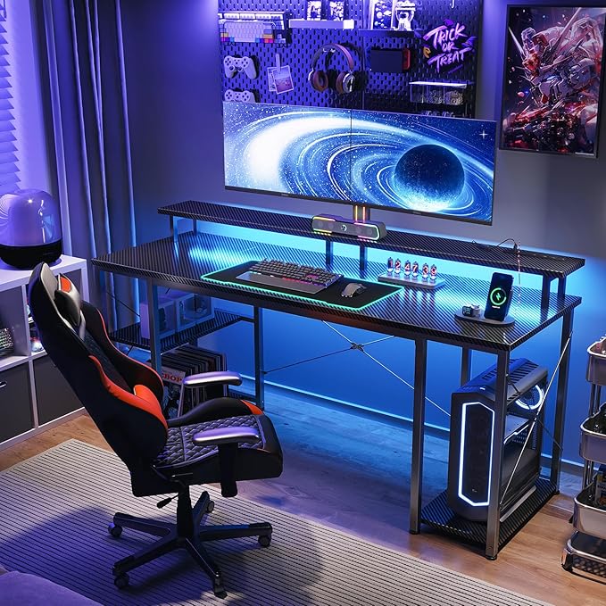 ODK 63 inch Computer Desk with Power Outlets & LED Lights, Gaming Desk with Monitor Stand & Storage Sheves, Home Office Desk, Carbon Fiber Black