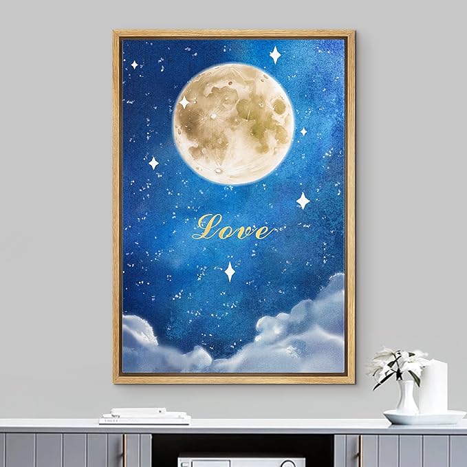 IDEA4WALL Framed Canvas Print Wall Art Love Watercolor Galaxy with Yellow Moon Astronomy & Space Sky Illustrations Modern Art Glam Colorful Ultra for Living Room, Bedroom, Office - 24"x36" NATURAL