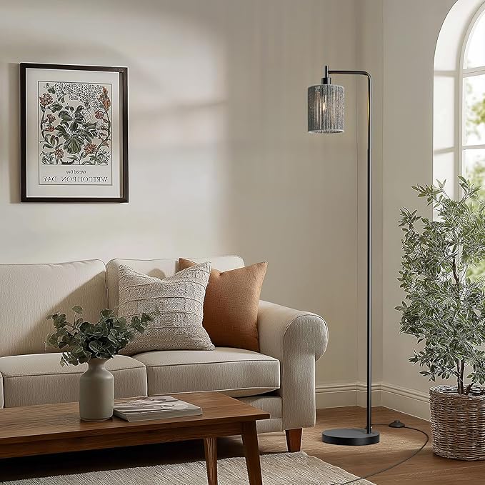Oneach 66" Black Floor Lamp for Living Room, Boho Floor Lamp with LED Bulb, Foot Switch, Gray Rattan Shade, Industrial Tall Farmhouse Standing Lamp for Bedroom, Dining Room, Study Room, Office