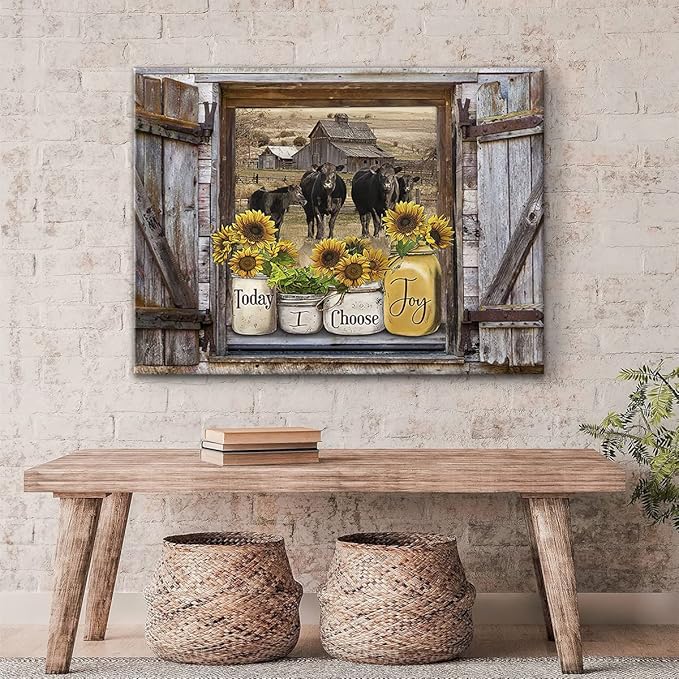 Parylore Sunflower Mason Jars on Rustic Window Wall Art Angus Cows Kitchen Decor Farmhouse Picture Framed Modern Artwork For Living Room Bedroom Home 16x20 In