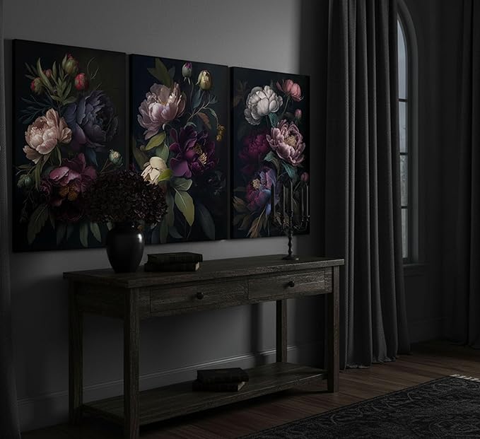 3 Pcs Moody Floral Canvas Wall Art Vintage Dark Peony Flowers Botanical Still Life Painting Picture Wall Decor Poster Print Artwork for Living Room Bedroom Women Room Home Decoration