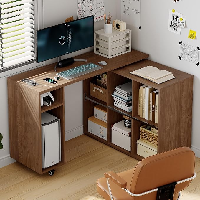 L-Shaped Desk with Storage–Small Study Table with Charging Station, Rotating Writing Desk & Corner Computer Desk for Home Office, 67” Long Bed Side Table（Oak）