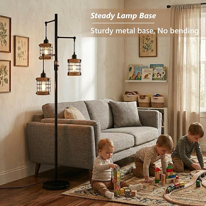 Airposta Vintage Wood Floor Lamp for Bedroom, Dimmable Floor Lamps for Living Room, Industrial Standing Lamp Farmhouse Tall Lamp for Office Home, Rustic Corner Floor Lamp Metal Black Pole Lamp