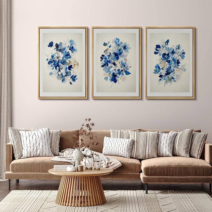 SIGNFORD Framed Wall Art Print Set Blue Blossom Watercolor Floral Botanical Digital Art Modern Art Contemporary for Living Room, Bedroom, Office - 24"x36"x3 NATURAL