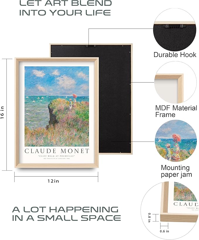 HesenDot Claude Monet Framed Wall Art,12x16in High Framed Canvas Prints, Impressionism Landscape Painting Poster Wall Decor,Vintage Home Decoration for Living Room Bedroom Gallery Office,Set of 3