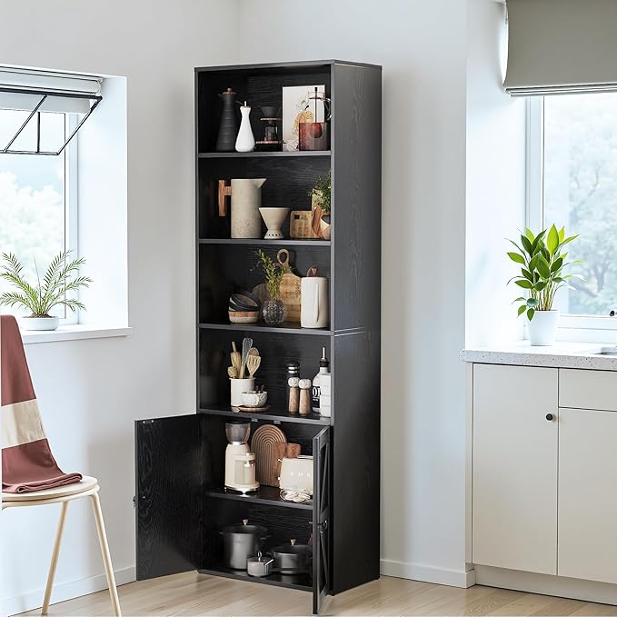 YESHOMY 6 Tier Bookcase and Bookshelf, Tall Book Shelf with Doors & Adjustable Shelves, Floor Display Storage Cabinet Home Decor for Living Room, Office, Black