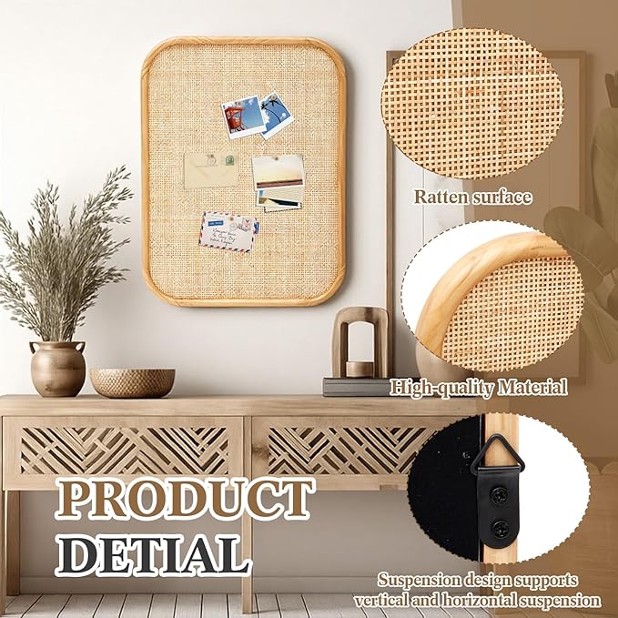 Vintage Framed Pin Board Linen Display Bulletin Board Large Cork Fabric Picture Photo Pinboard Memo Ornate Decorative Pinboard Ornate for Wall Gift(Rectangle,20'' X 26'',Natural Rattan)