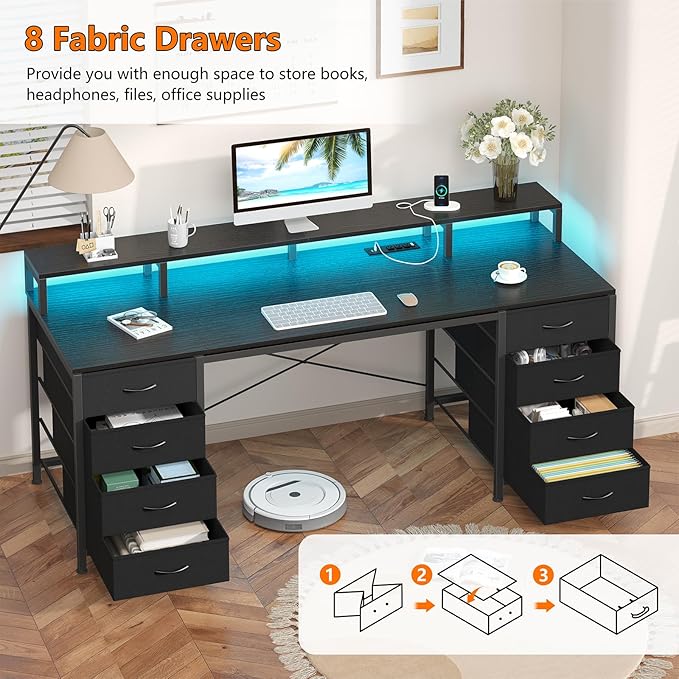 60 Inch Computer Desk with 8 Drawers, Gaming Desk with LED Lights & Power Outlets, Home Office Desk with Monitor Stand, Black