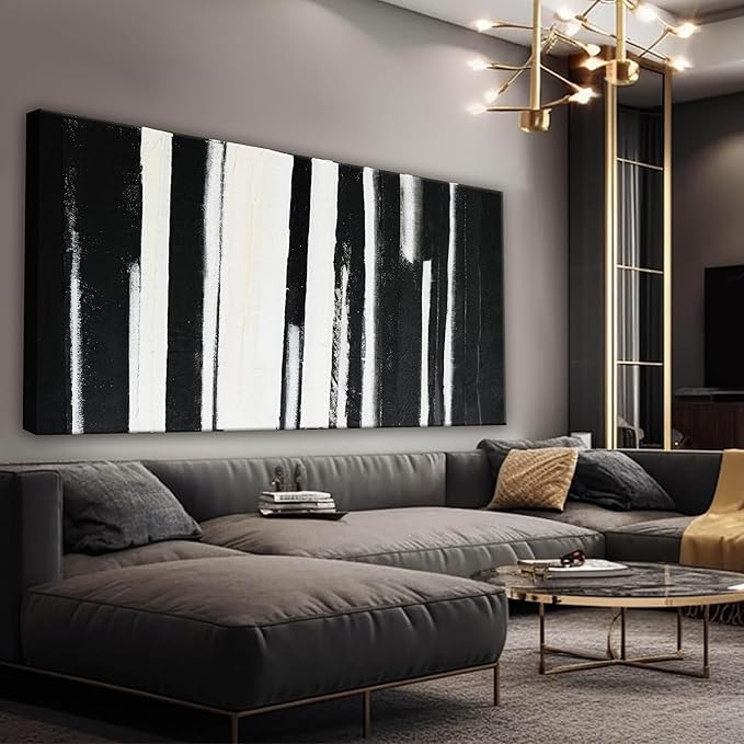 QSQ Abstract Wall Art Decor Modern paintings Wall Decor Wall Art Canvas Prints Black and White Minimalist Stripes Artwork for Living Room Wall Bedroom Kitchen Decor 24"×48"