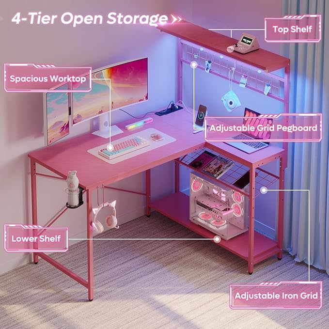 Bestier 42 L Gaming Desk,Computer Desk with Power Outlets, LED Lights, Reversible Corner Desk with 4-Tier Shelves,Cup Holder & Hook Carbon Fiber Pink