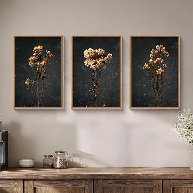 HOURIA Moody Boho Floral Framed Canvas Wall Art Set,Vintage Black Flower Wall Decor,Mid Century Minimalist Wildflower Artwork,Nature Retro Botanical Art Print for Living Room,Bedroom,Office- 16"x24"x3