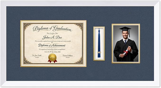 Diploma Tassel and Photo Frame Bright White Shadowbox Navy Blue Over Gold Mat - Fits 11.69 x 8.27 Degree Picture Made in the USA