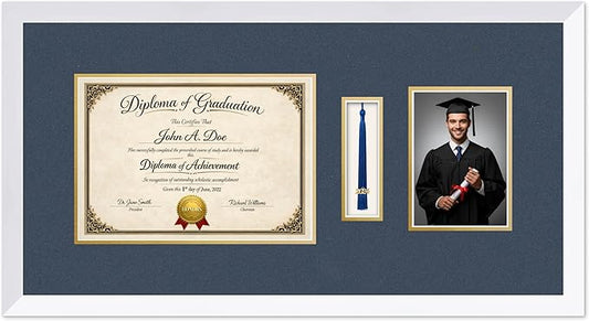 Diploma Tassel and Photo Frame Bright White Shadowbox Navy Blue Over Gold Mat - Fits 11.69 x 8.27 Degree Picture Made in the USA