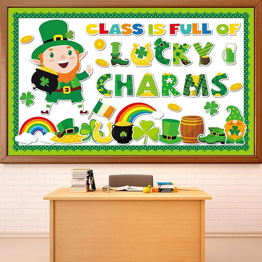 St. Patrick's Day Bulletin Board Set Lucky Shamrock Classroom Decoration Leprechaun Gold Coin Jar Bulletin Board Luck Shamrock Irish Clover Paper Cutouts for School Classroom Chalkboard Wall Decor