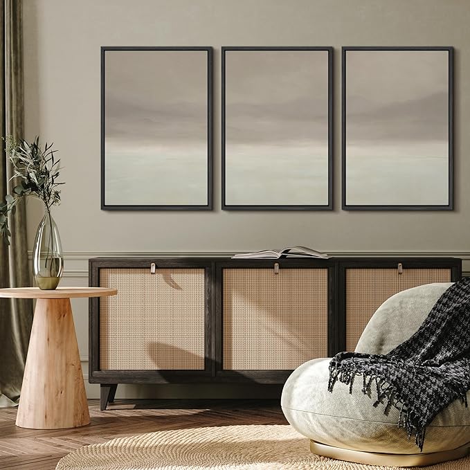 MUDECOR Framed Wall Art Print Set Misty Horizon Minimalist Foggy Mountain Landscape in Soft Neutral Tones Illustrations Realism Decorative for Living Room, Bedroom, Office - 24"x36"x3 Black