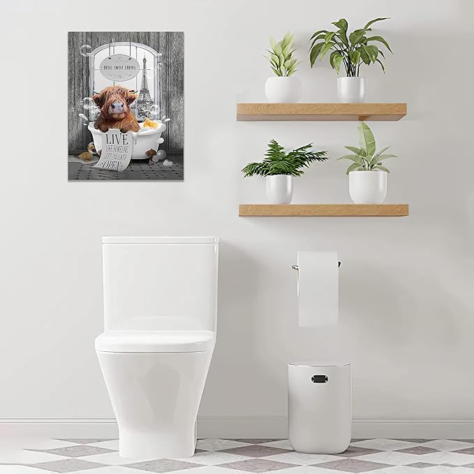 yerretin Funny Highland Cow Bathroom Wall Art Cow in Bathtub Pictures Wall Decor Hello Sweet Canvas Painting Modern Artwork Bathroom Decorations Framed Ready to Hang 16"x20"