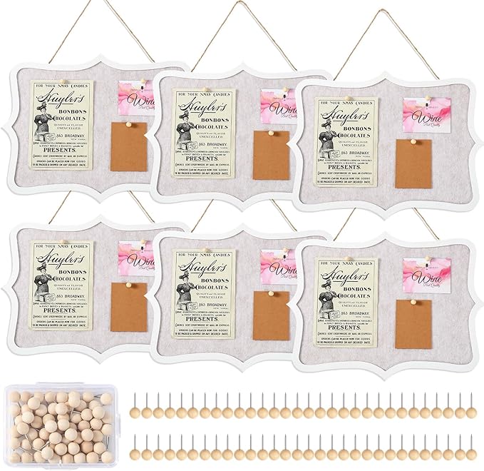 6 Pcs Wooden Felt Bulletin Board, 12 x 16 Inch Cork Boards for Walls Equipped with 60 Push Pins, Decorative Hanging Corkboards for Home, Kitchen, Office, Bedroom, Vision Board Supplies