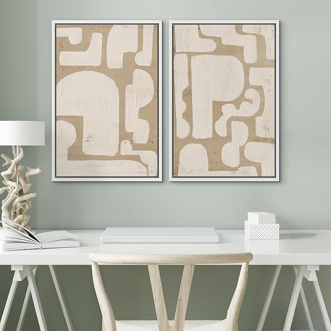 SIGNWIN Framed Canvas Print Wall Art Set Sophisticated Abstract Network Beige Interlaced Lines on White Illustrations Modern Art Minimal Relax/Calm for Living Room, Bedroom, Office - 16"x24"x2 White