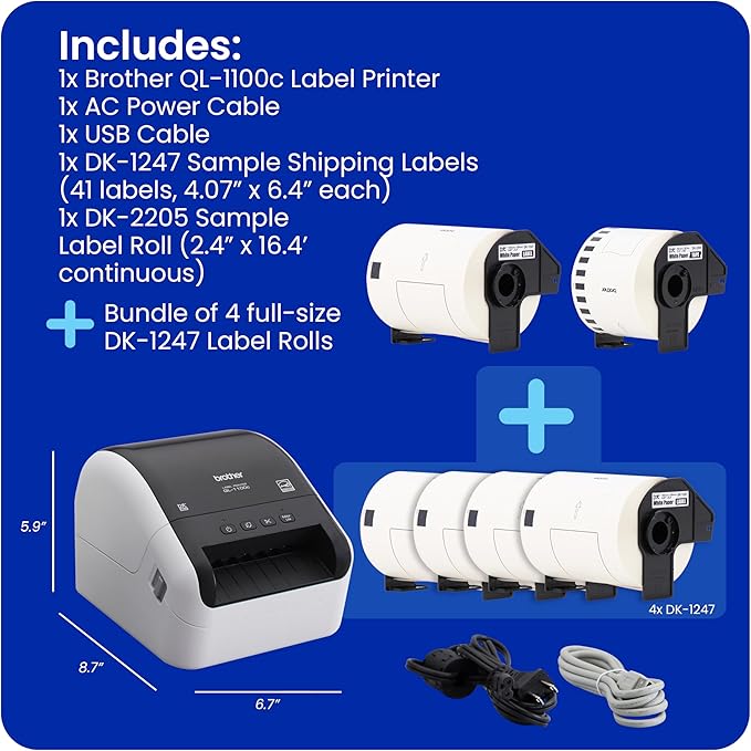 Brother QL-1100c Bundle, Wide Format Label Printer, Prints Postage Labels, Barcode & QR Code, USB Connectivity, Plus 4 Rolls of Genuine DK Label Tapes DK-1247 4.07” x 6.4” Die-Cut Shipping Labels