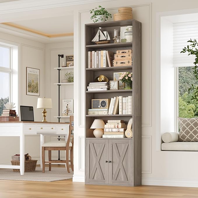 FACBOTALL 82" Tall Bookcase and Book Shelf, 24" Wide Bookshelf with Doors, 7 Tier Bookcase with Storage and Adjustable Shelf, Open and Display Farmhouse Bookshelf for Living Room, Home Office, Gray