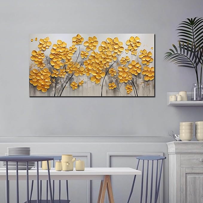 SKYRISE Abstract Gold Yellow Floral/Flower Wall Art Decor for Living Room, Modern Canvas Art Decorative-Picture Print Artwork for Bedroom Office, Large Size 59x29 Inches