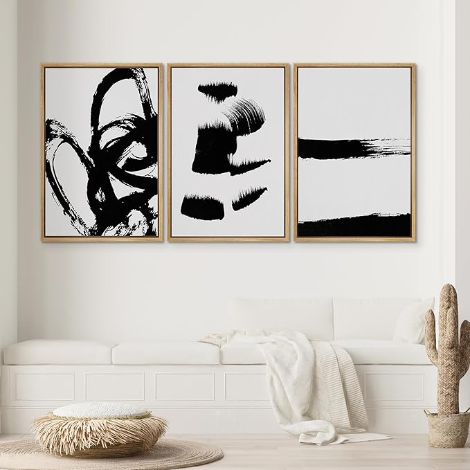 SIGNWIN Framed Wall Art Print Set Grunge Style Black & White Paint Strokes Abstract Shapes Illustrations Modern Art Bohemian Group Dramatic Grey for Living Room, Bedroom, Office - 24"x36"x3 Natural