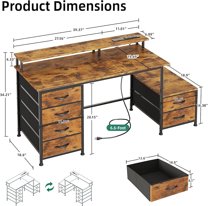 Flrrtenv 52 Inch Office Desk with 6 Drawers and Printer Space for Storage, Reversible Computer Desk with Monitor Stand & Power Outlets, Home Office Desks, Vintage