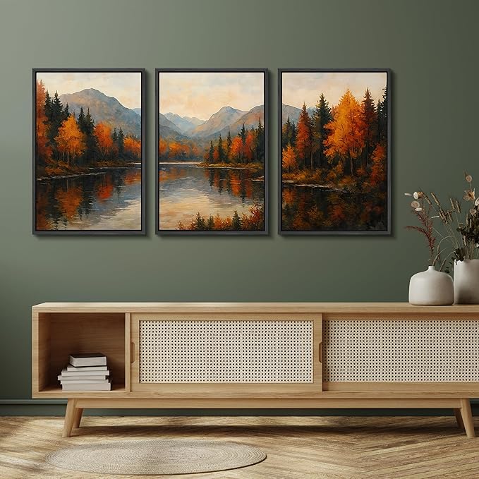 SIGNFORD Framed Wall Art Print Set Autumn Mountain Lake Vibrant Fall Forest Landscape Digital Art Modern Art Contemporary for Living Room, Bedroom, Office - 24"x36"x3 Black