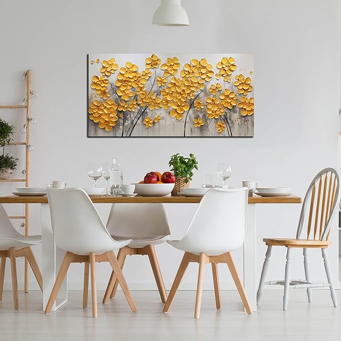 SKYRISE Abstract Gold Yellow Floral/Flower Wall Art Decor for Living Room, Modern Canvas Art Decorative-Picture Print Artwork for Bedroom Office, Size 48x24 Inches