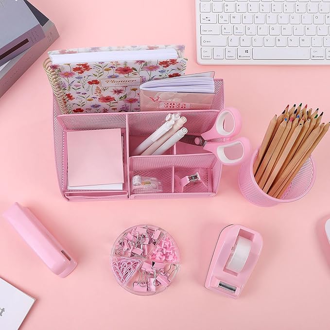 SKYDUE Pink Desk Accessories, Pink Office Supplies Set, Mesh Desk Organizer, Stapler, Tape Dispenser, Scissors, Binder/Paper Clips and 1000pcs Staples,Desk Organizer for Women