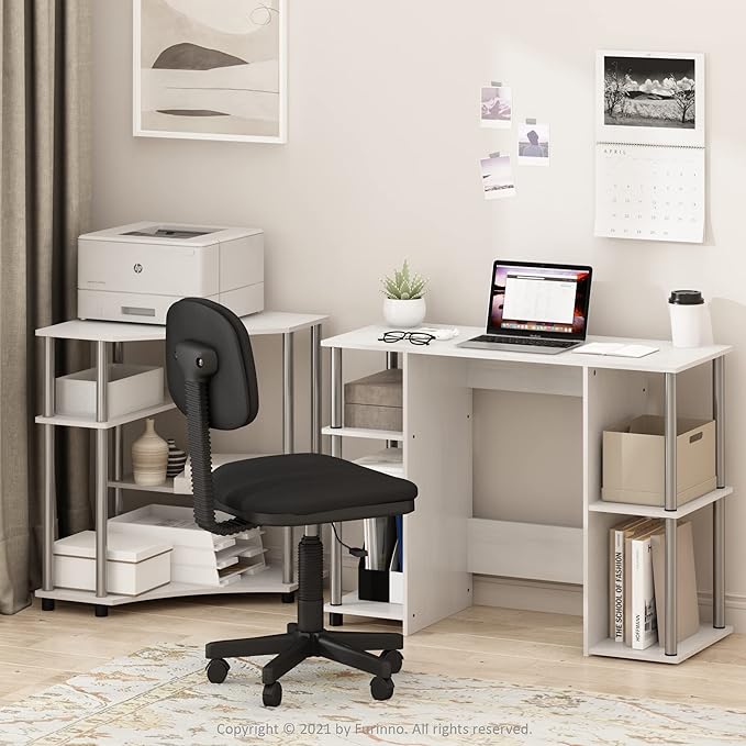 Furinno JAYA Desk, 38.4" Wide Gaming Desk, Computer Study Desk, Office Desk with Side Shelves, Open Storage, for Home Office, Bedroom, Dorm, Study Room, White Oak/Stainless Steel
