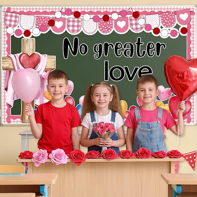 Valentine's Day Christian Bulletin Board Decoration Set Love Heart Cross Bible Verse No Greater Love Bulletin Board Classroom Decoration Cutouts for Sunday School Church VBS Wall Door Decors