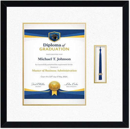 Diploma Frame with Tassel Holder Matte Black Shadowbox Oyster Shell Over Gold Mat - Fits 10 x 13 Degree Made in the USA