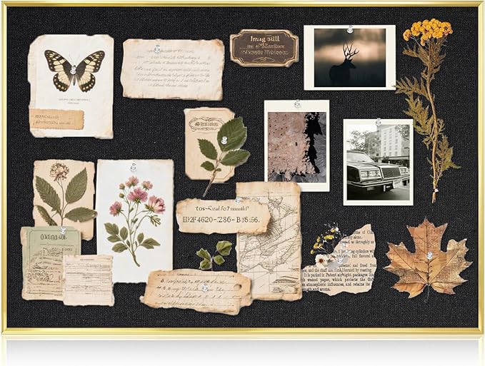 Linen Bulletin Board 30 x 20 Inches, White Cork Board for Wall, Gold Aluminum Framed Fabric Pin Board Tack Board, 10 Push Pins, Black Linen