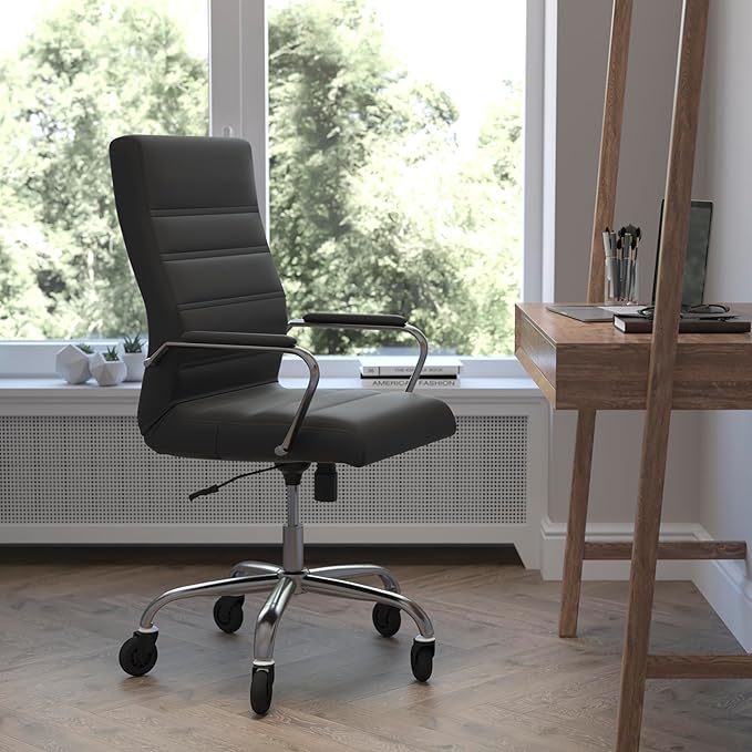Flash Furniture Whitney High Back Black LeatherSoft Executive Swivel Office Chair with Chrome Frame, Arms, and Transparent Roller Wheels