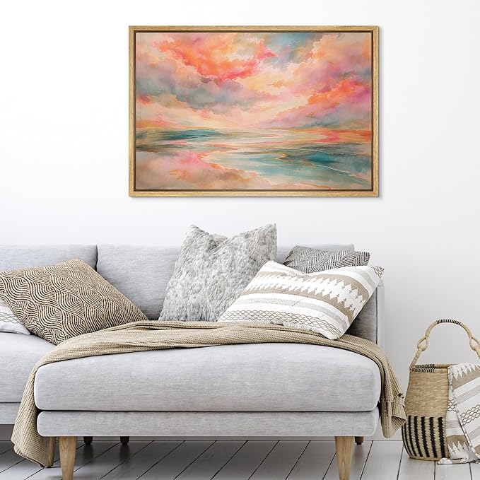 SIGNFORD Framed Canvas Print Wall Art Crimson Glow Over Sea and Sky Illustration Minimalism Decorative Colorful Mid-Century for Living Room, Bedroom, Office - 24"x36" NATURAL