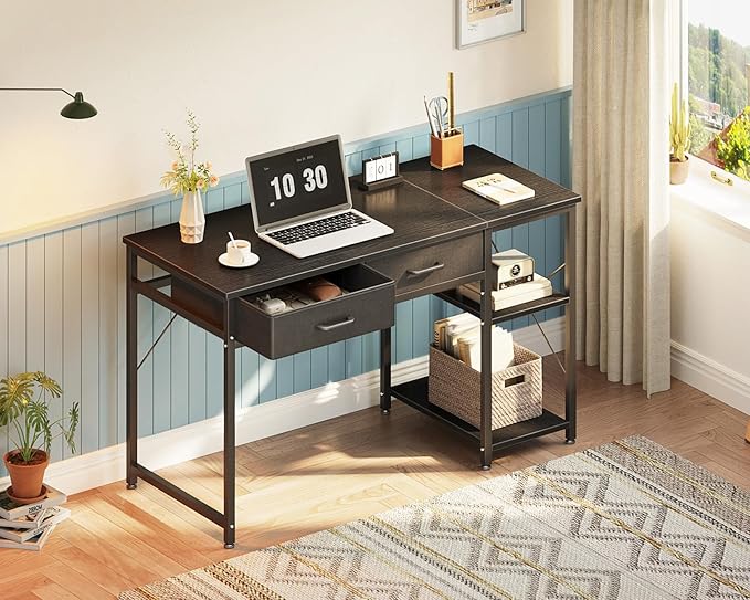 Coleshome Small Computer Desk with Drawers, 40 Inch Reversible Home Office Desk with Storage Shelves, Study Laptop Desk for Bedroom Small Space, Black