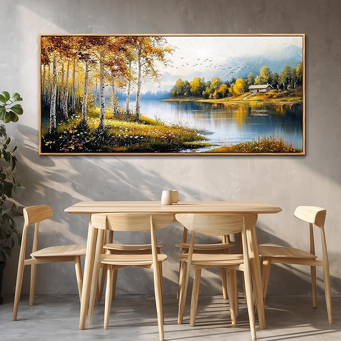 ERQINHUA Large Canvas Forest Landscape Painting Wood Framed Wall Art Living Room Wall Decor For Bedroom Lakeside Watercolour Wall Pictures Artwork Picture Office Restaurant Home Decoration 32x72 In