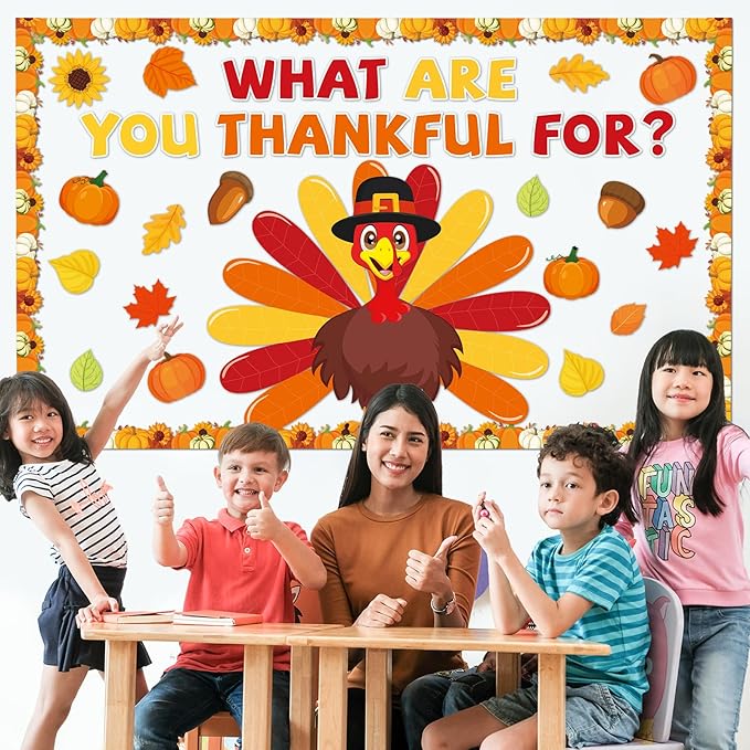 Thanksgiving Turkey Classroom Bulletin Board Decorations Autumn Fall Thankful Letters Cutouts Pumpkin Leaves Bulletin Board Border Set for Home School Chalkboard Wall Decor Supplies