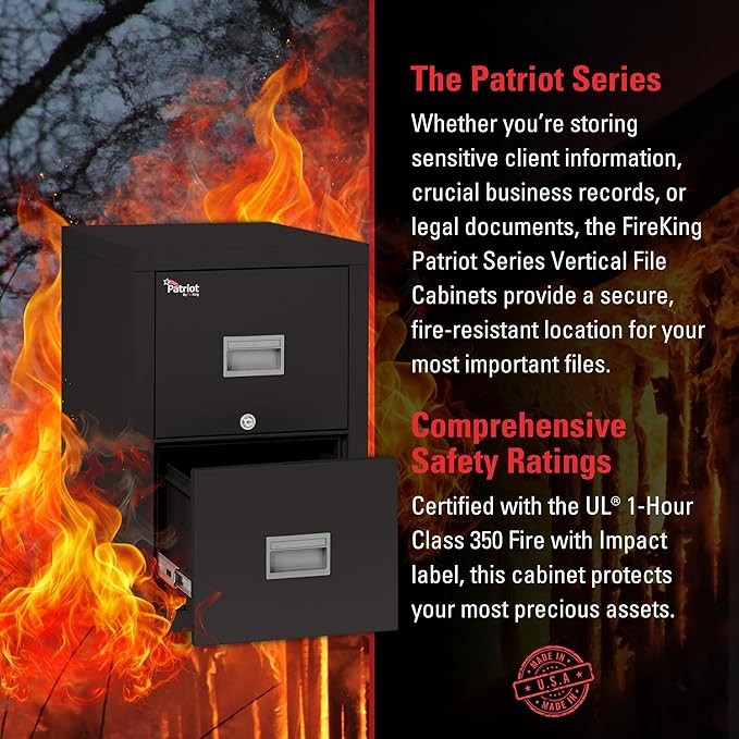 FireKing Patriot Vertical 2 Drawer Legal and Letter Fire Safe File Cabinet with Key Lock, 1 Hour Fire Rated, UL Rated & Water Resistant Home Safe, Made in The USA, Black