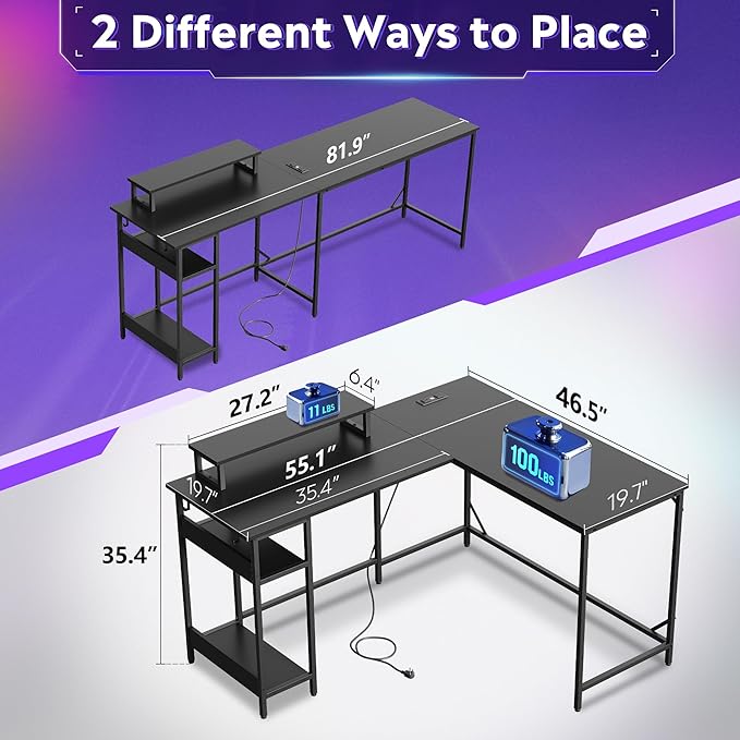 DEVAISE 55 Inch L Shaped Gaming Desk with LED Lights & Power Outlets, Corner Desk for Small Spaces, Sturdy PC Computer Table with Storage for Home Office, Black