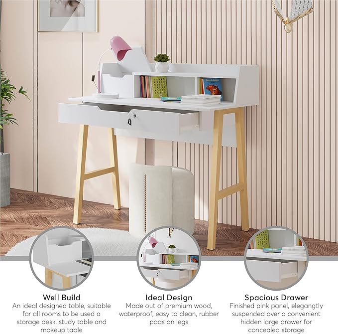 Modern Design Roma Small Desk for Bedroom, 40 inch White Writing Desk with Hutch and Locking Drawer, by Crafts and Comfort