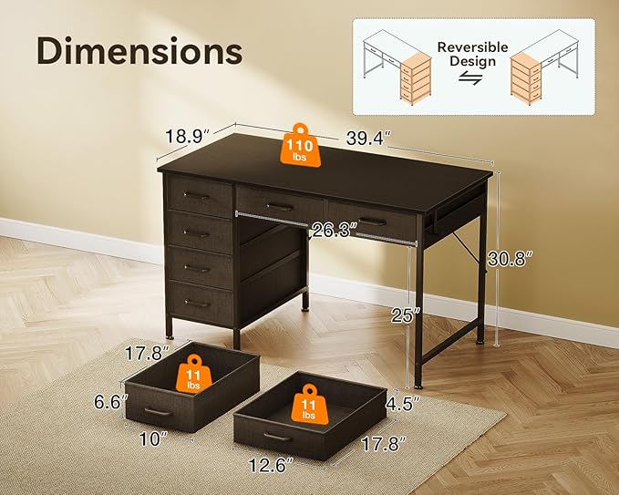 ODK Computer Desk with 6 Drawers, 40 Inch Small Desk with Storage, Reversible Desk with Headphone Hook for Home Office, Work Study Table for Bedroom, Black